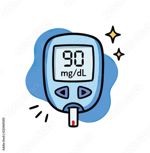 Blood glucose meter showing normal reading 90 mg/dL with stars and sparks