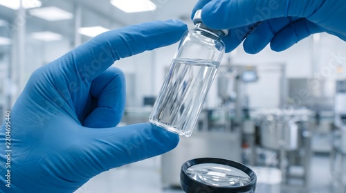 A researcher wearing blue gloves inspects a clear glass vial filled with liquid in a laboratory setting.