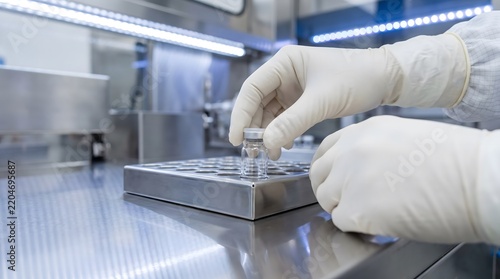 A scientist wearing protective gloves handling a small glass vial in a cleanroom laboratory.