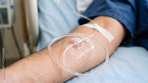A close-up view of a patient receiving intravenous therapy in a hospital setting.