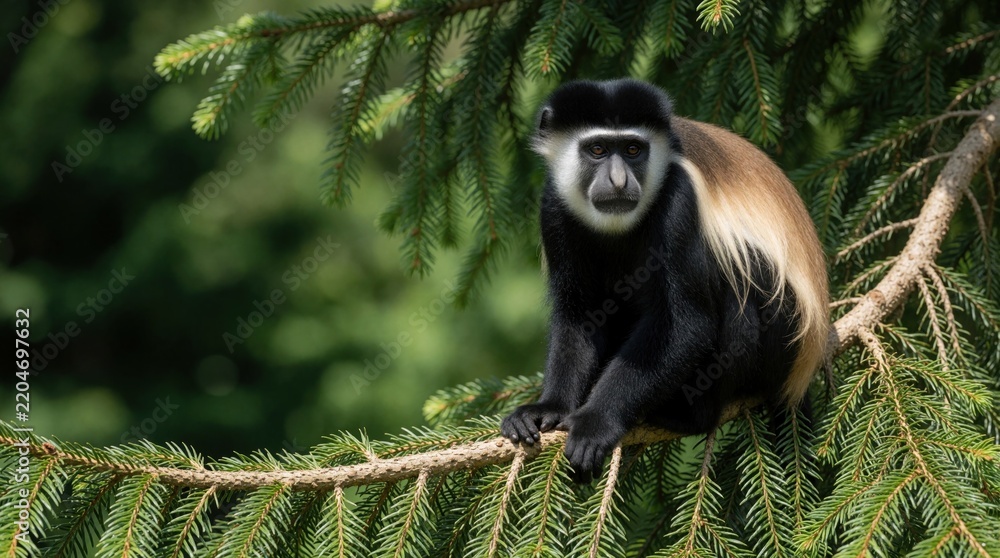 Fototapeta premium Close up portrait of black, white colobus monkey sitting on pine tree branch. Wild primate with long hair looks forward in green forest. Exotic mammal rests on coniferous wood in natural habitat