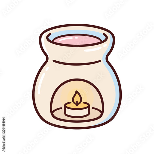 Aromatherapy oil burner with lit candle and pink wax diffusing pleasant aromas for a calm mood