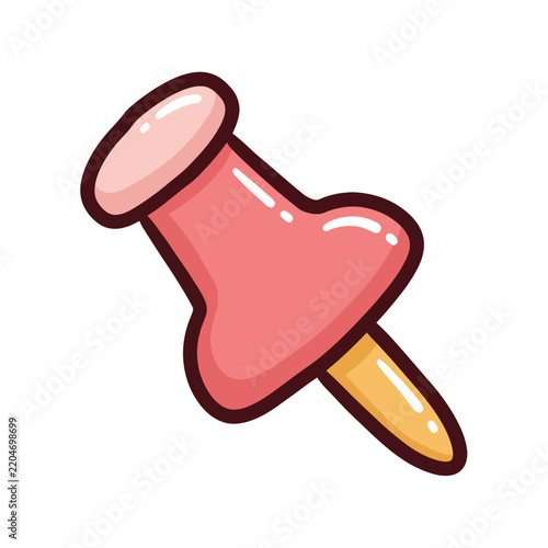 A pink pushpin graphic with a wooden pin and thin outlines attached to a white background