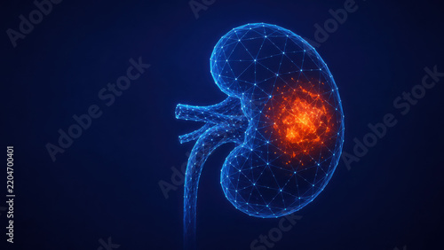 Glowing low poly kidney with orange damaged spot, triangular mesh and dot connections on dark blue background, depicting kidney disease concept