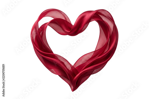 Vibrantly colored crimson silk fabric artfully twisted and intricately shaped into a powerful heart symbol, gracefully embodying profound love and romantic emotion