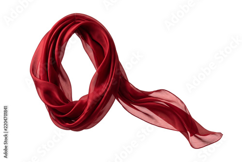 Elegant scarlet silk scarf gracefully suspended, forming a flowing, luxurious loop against a clean white backdrop, evoking a sense of fashion, texture, and sophisticated movement