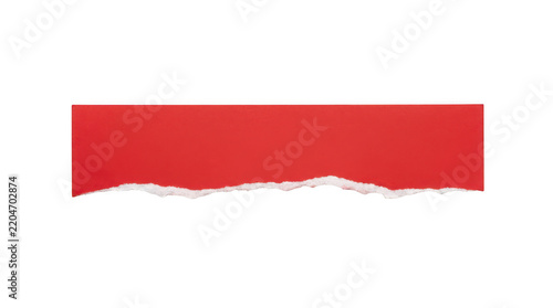 Vibrant red paper strip with rough torn edge, horizontal rectangular piece of textured cardstock with uneven ripped border, adhesive craft supply for creative, isolated on transparent background