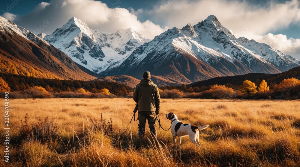 Obraz premium Man and dog stand in tall dry grass field before massive snow-capped mountains. Autumn colors fill the valley landscape setting perfect outdoor adventure moment.