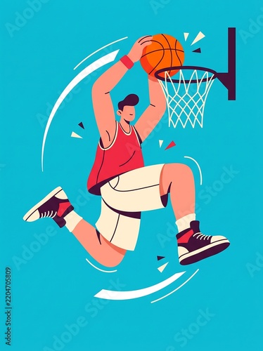 Dynamic Vector Illustration of a Professional Basketball Player Performing a High-Flying Slam Dunk into the Hoop with Energetic Motion Lines and Vibrant Colors on a Blue Background