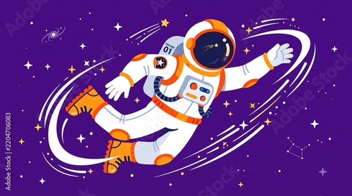 Creative vector illustration of a brave astronaut floating in a deep purple outer space galaxy filled with stars and constellations, depicting cosmic exploration and futuristic sci-fi adventure