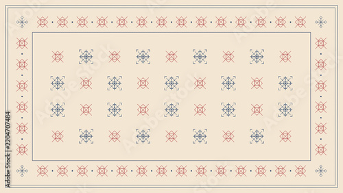 Fotografie A rectangular frame of alternating geometric Nordic motifs surrounds a large central blank area, combining muted red, charcoal, and beige in a precise decorative composition