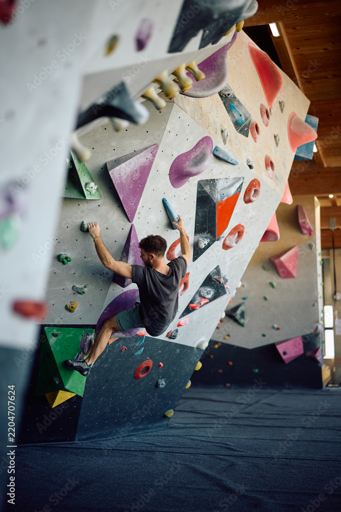 Obraz premium Back view of athlete climbing up the wall during workout in bouldering center.