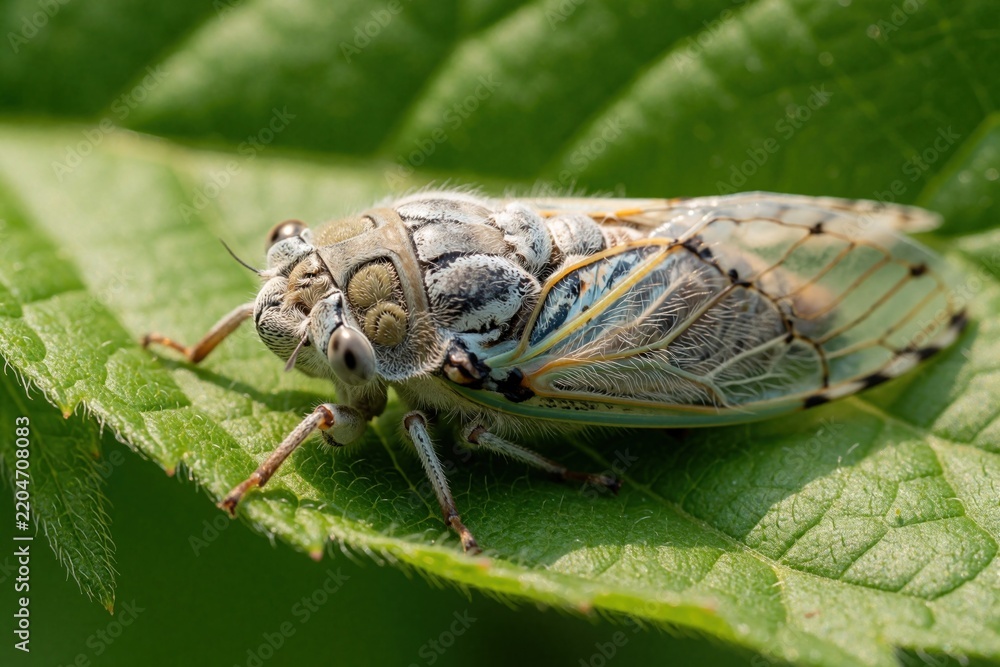Fototapeta premium Closeup of American cicada insect sitting on green leaf. Detailed macro shot shows wings, eyes, body texture. Large bug rests in nature during summer. Natural wildlife photography of cicada on