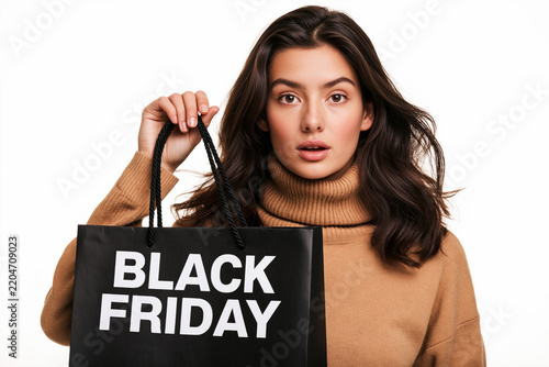 Woman in beige turtleneck holding black Black Friday shopping bag