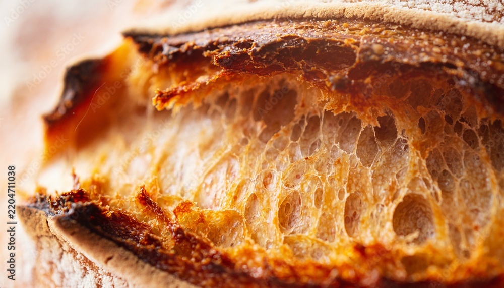 Fototapeta premium Extreme macro of freshly baked bread crust, showing deep cracks, toasted pores, flour particles and rough golden surface texture.