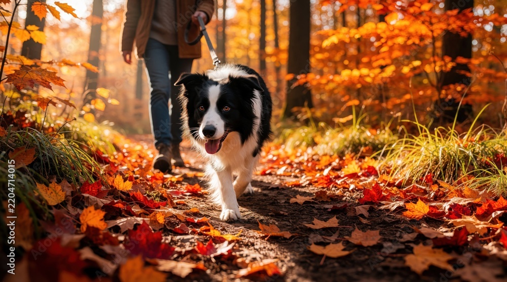Naklejka premium Border collie walks on leash with owner through colorful autumn forest. Happy black, white dog runs on trail covered in red maple leaves. Person leads pet during fall hike in sunny woods. Active