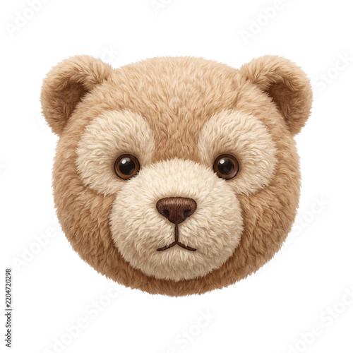 Fluffy teddy bear head stuffed toy with soft brown fur portrait childhood isolated background innocent stitching creature softness huggable playtime character