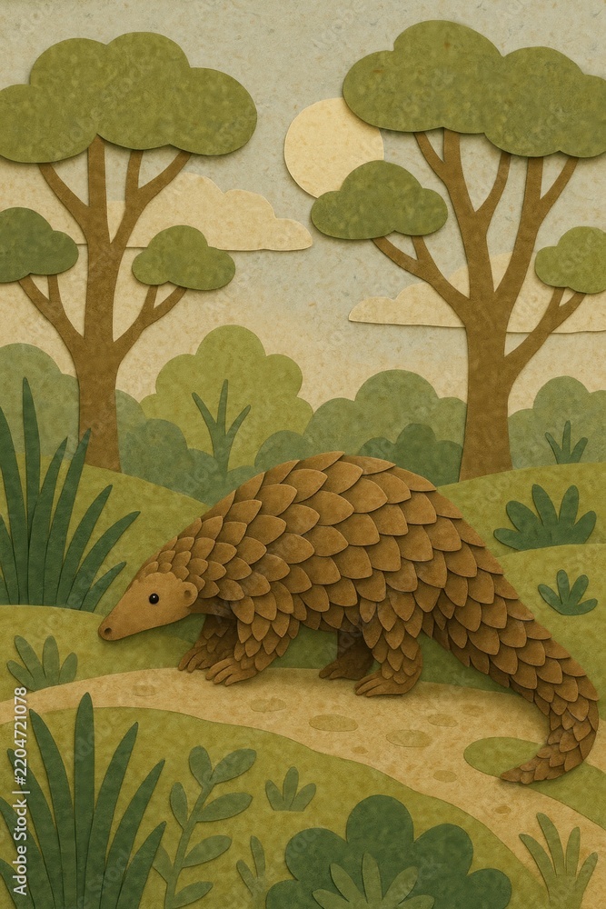 Fototapeta premium Pangolin in paper art forest