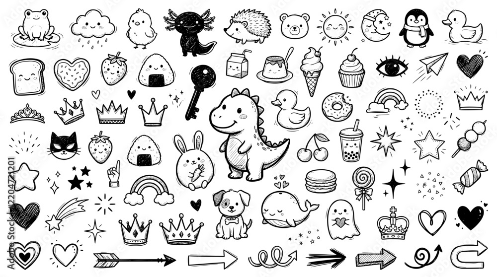Fototapeta premium Kawaii Cute Character Doodle Sticker Sheet with Animals Food and Stars