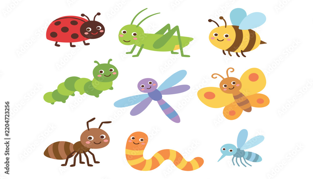 Obraz premium Collection of various colorful bug characters elements in flat style for kids wallpaper learning book illustration project