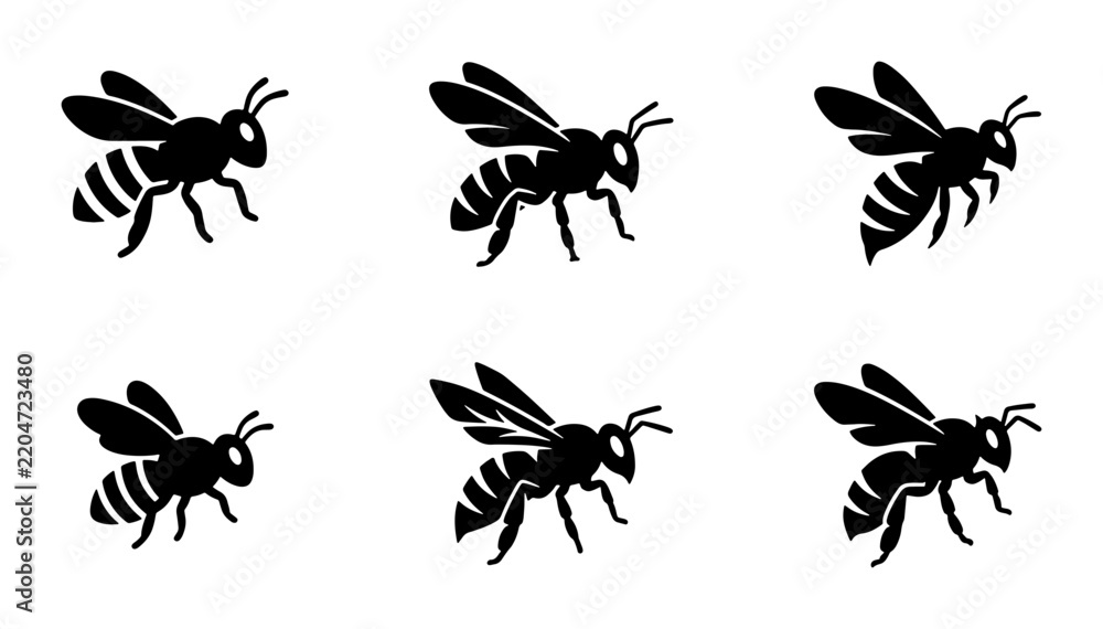 Fototapeta premium Six Black Bee Icons, Insect Vector Graphics, Flying Honeybee Silhouettes for Nature and Wildlife Designs