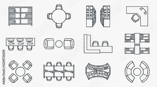 Top view outline furniture icons for office and library interior plans