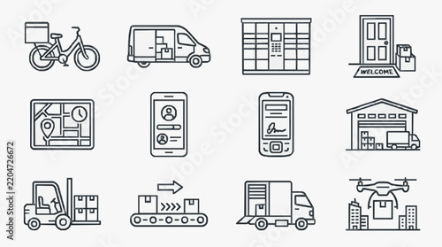 Logistic shipping and delivery service icons set with line art style