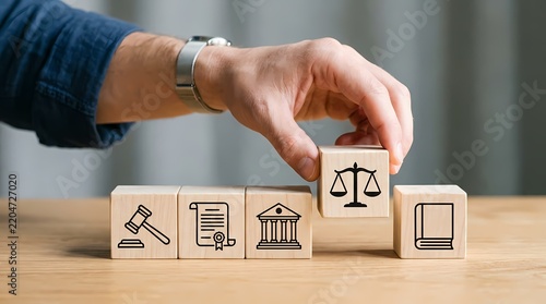 Hand placing a wooden block with a scale of justice icon