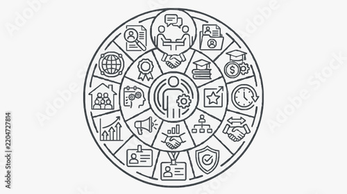 Circular business infographic diagram with various management icons