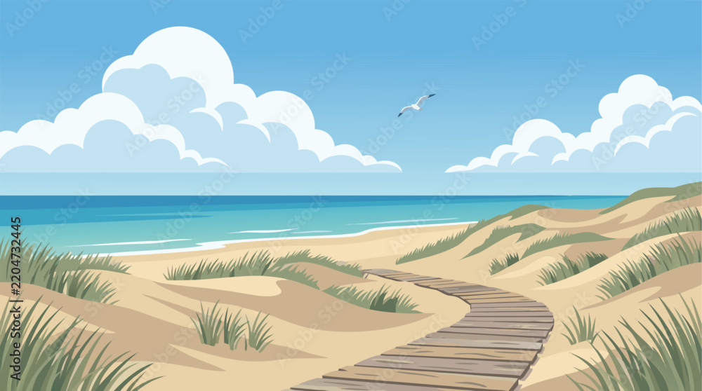 Obraz premium A relaxing walk along a wooden path illustration, capturing the scenic beach landscape, sunny coastal environment and ocean viewpoint.