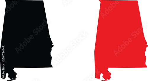 Black and red map silhouette of alabama state isolated on a white background