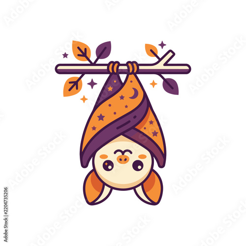 Cute cartoon bat hanging upside down from a branch