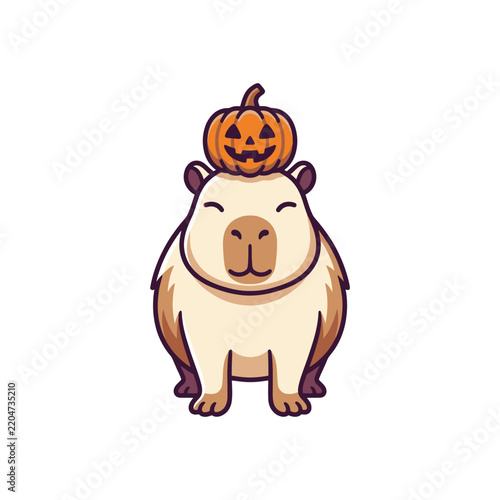 Cute capybara animal wearing a jack-o-lantern pumpkin hat.