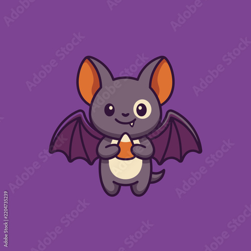 Cute cartoon bat holding a piece of candy corn.
