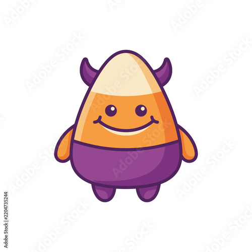 Cute candy corn character with horns and purple pants.