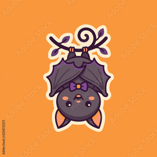 Cute cartoon bat hanging upside down with purple bowtie.