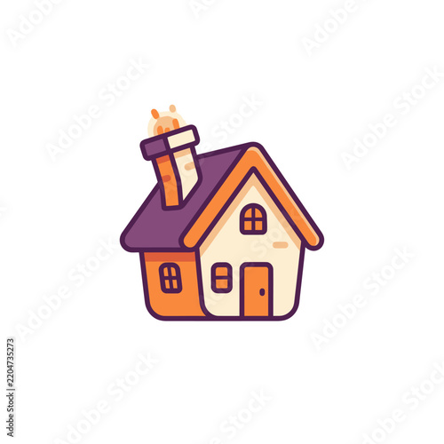 Cute cartoon cottage house with chimney and orange windows