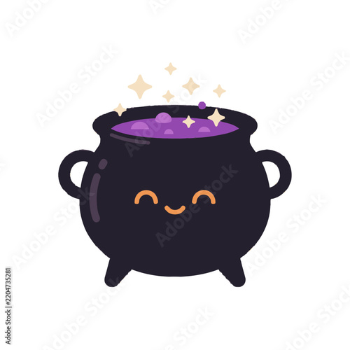 Cute cartoon black cauldron with bubbling purple liquid and sparkles.