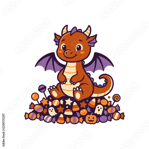 Cute cartoon dragon sitting on a pile of candy.
