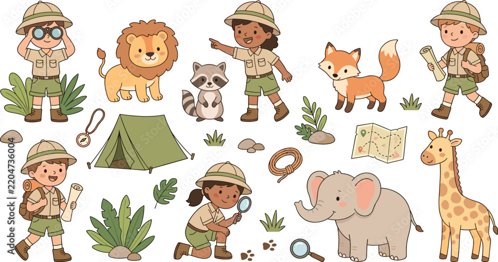 Obraz premium Cute safari adventure vector set with scout kids wild animals tent maps and binoculars in cartoon style