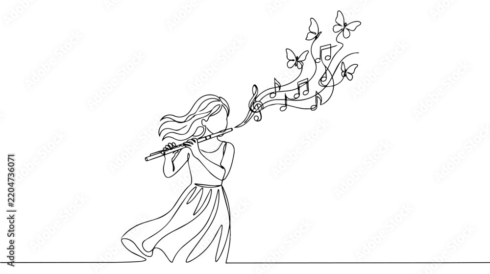 Fototapeta premium Continuous line art illustration of young woman playing flute with musical notes and butterflies flying in wind