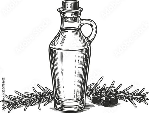 Engraving olive oil bottle with rosemary branches and olives vintage illustration