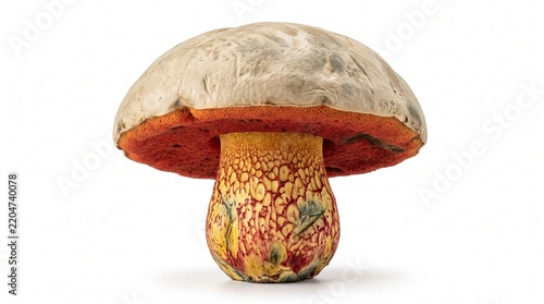 Satan's bolete mushroom featuring a pale cap and textured reddish stalk isolated on a white background.