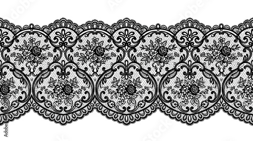 A seamless black lace border with intricate floral and scroll patterns and a scalloped edge on a white background.