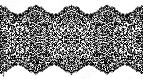 Seamless black lace border with intricate floral and scroll patterns on a white background.