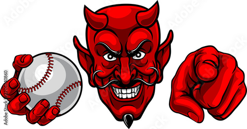 A devil man holding baseball ball and pointing sports team mascot illustration.