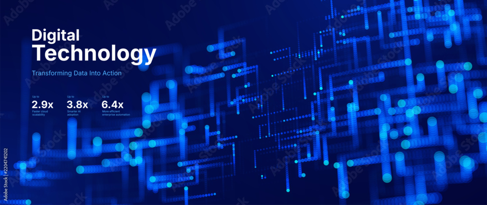 Obraz premium Technology Big Data Flow Background with AI Particles and Digital Stream Lines. Futuristic Data Science Concept. Tech Business Presentation or Annual Report Template. Vector Illustration.