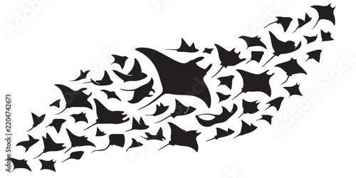 School of manta rays silhouette sea marine life vector