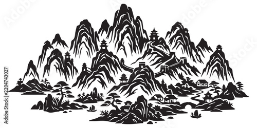 Chinese traditional mountain landscape silhouette vector art
