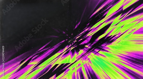 Dynamic neon green and purple abstract background with halftone   